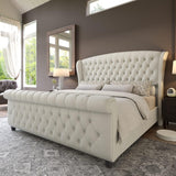 Queen Platform Bed Frame, Chenille Upholstered Sleigh Bed with Scroll Wingback Headboard & Footboard/Button Tufted/No
