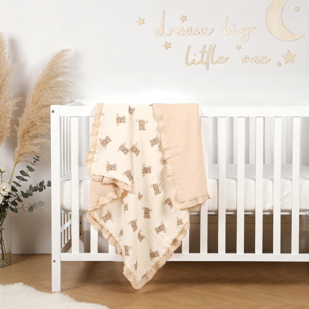Organic Baby Blanket Flounce Edge Large 50"x43" Teddy Bear, 100% Muslin Cotton Soft Breathable Toddler Quilt Crib