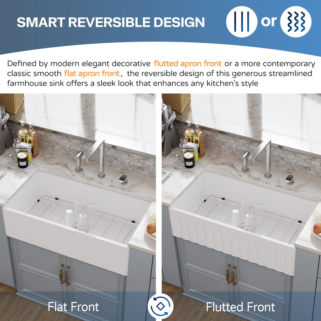 30 White Farmhouse Sink Reversible Workstation, Undermount Farm Kitchen Sink 30x20 inch Apron Front White Porcelain
