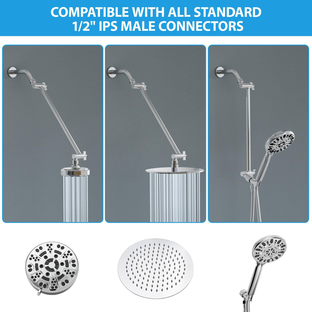 16 Inch Shower Head Extension Arm, Solid Stainless Steel & Brass