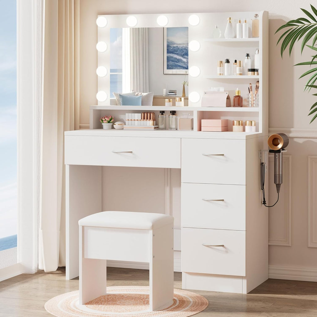 White Makeup Vanity Desk with Charging Station & 4 Drawers | 10 LED Bulbs, HD Mirror, Cushioned Stool, Hairdryer Rack
