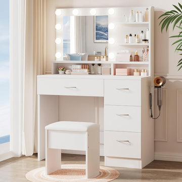 White Makeup Vanity Desk with Charging Station & 4 Drawers | 10 LED Bulbs, HD Mirror, Cushioned Stool, Hairdryer Rack