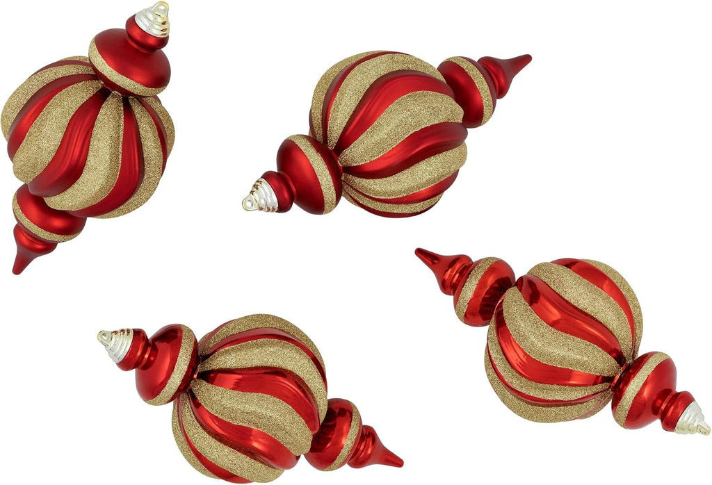 Shatterproof Commercial Size Finial Christmas Ornaments - 10" - Red and Gold - Set of 4