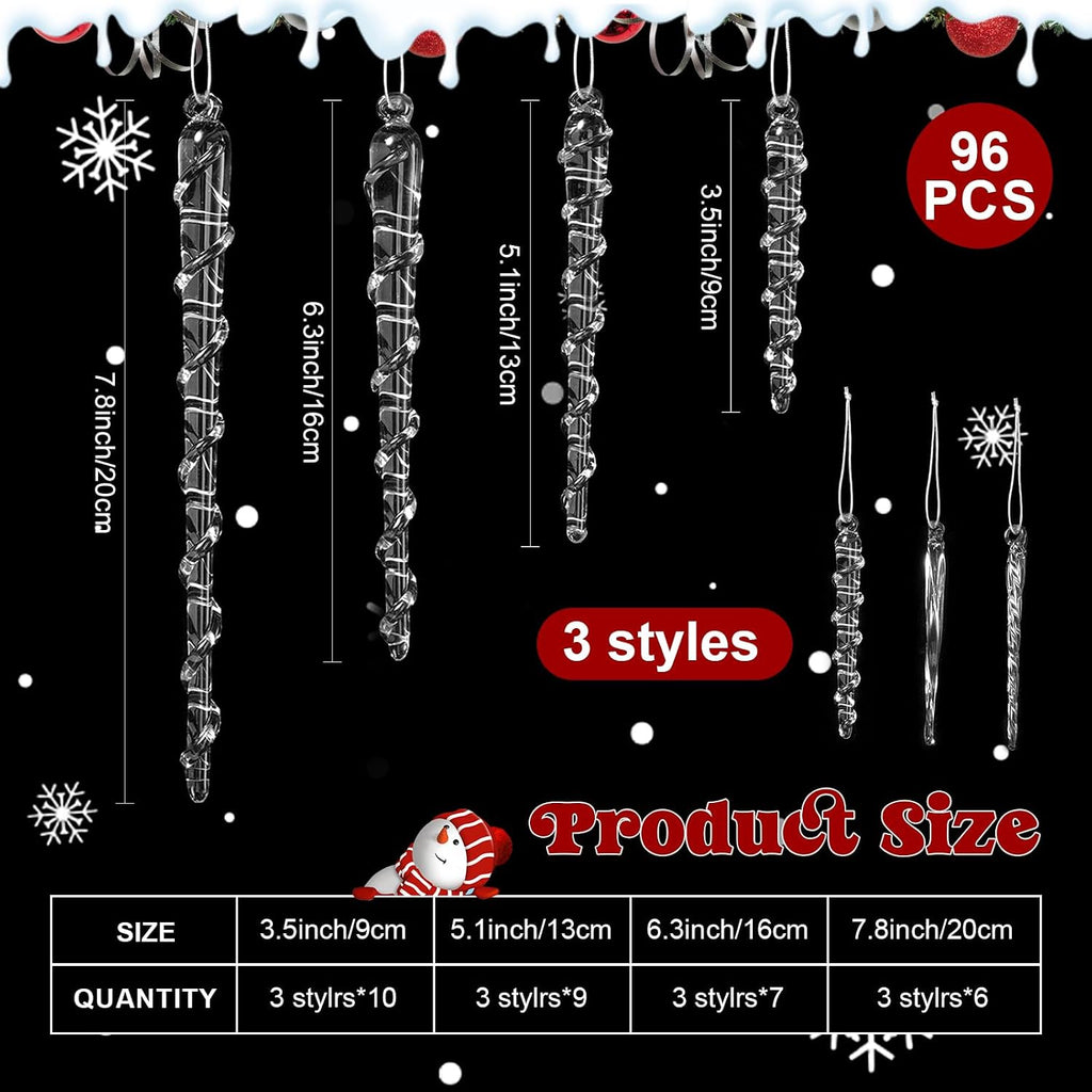 96 Pcs Glass Icicle Ornaments Christmas Winter Decor, Clear