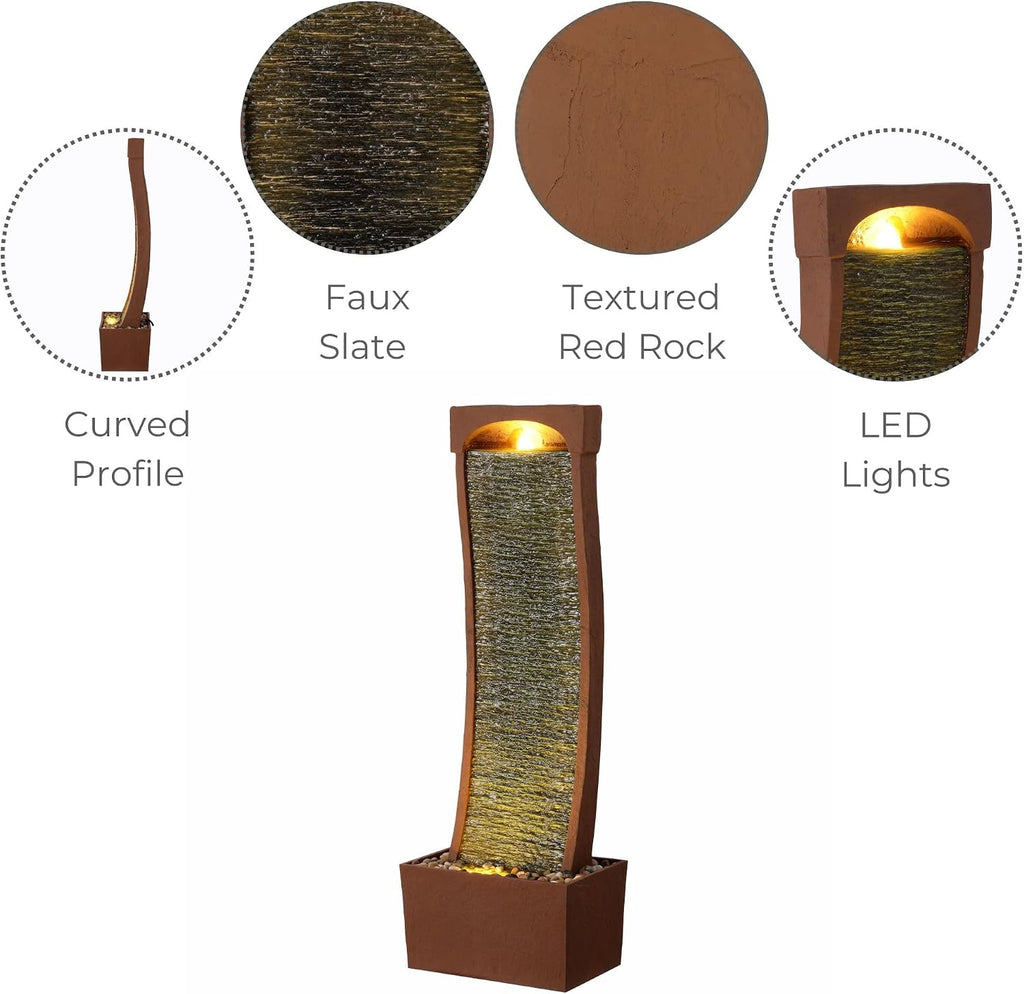 38.5" Modern Curved Faux Slate Waterfall Fountain with LED Lights, Red Rock