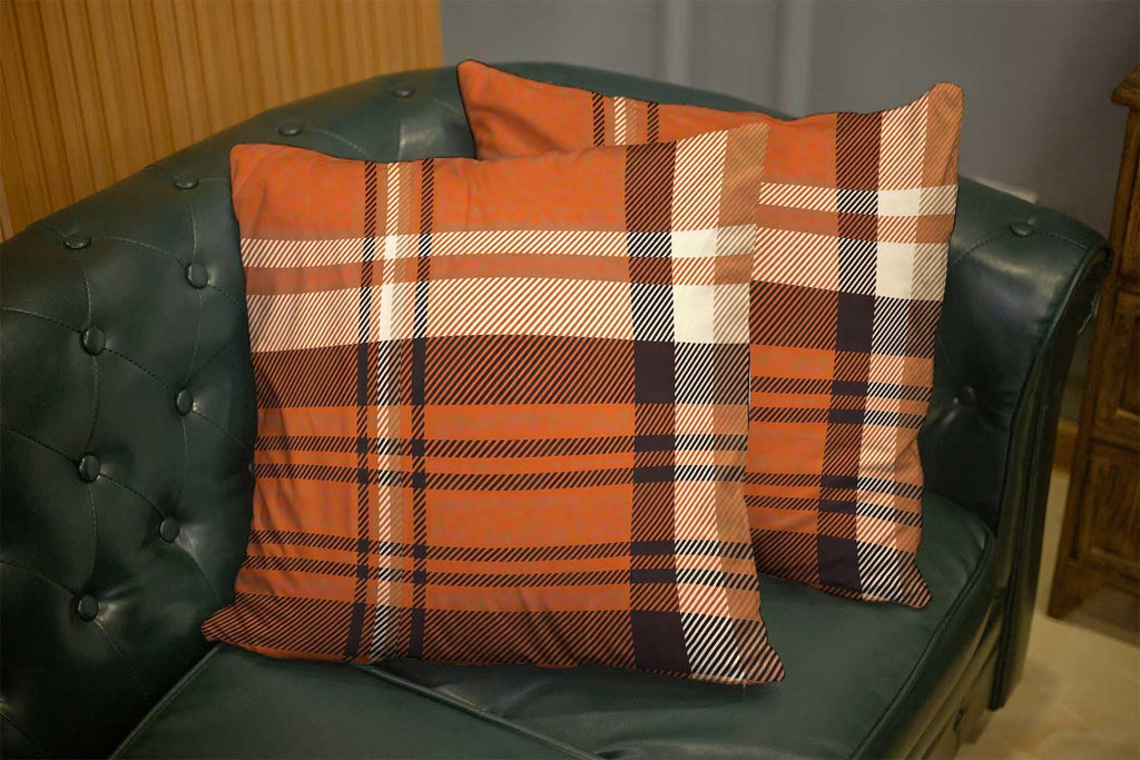 Orange Brown Tartan Plaid Checkered Pillow Covers 24x24 Set of 2