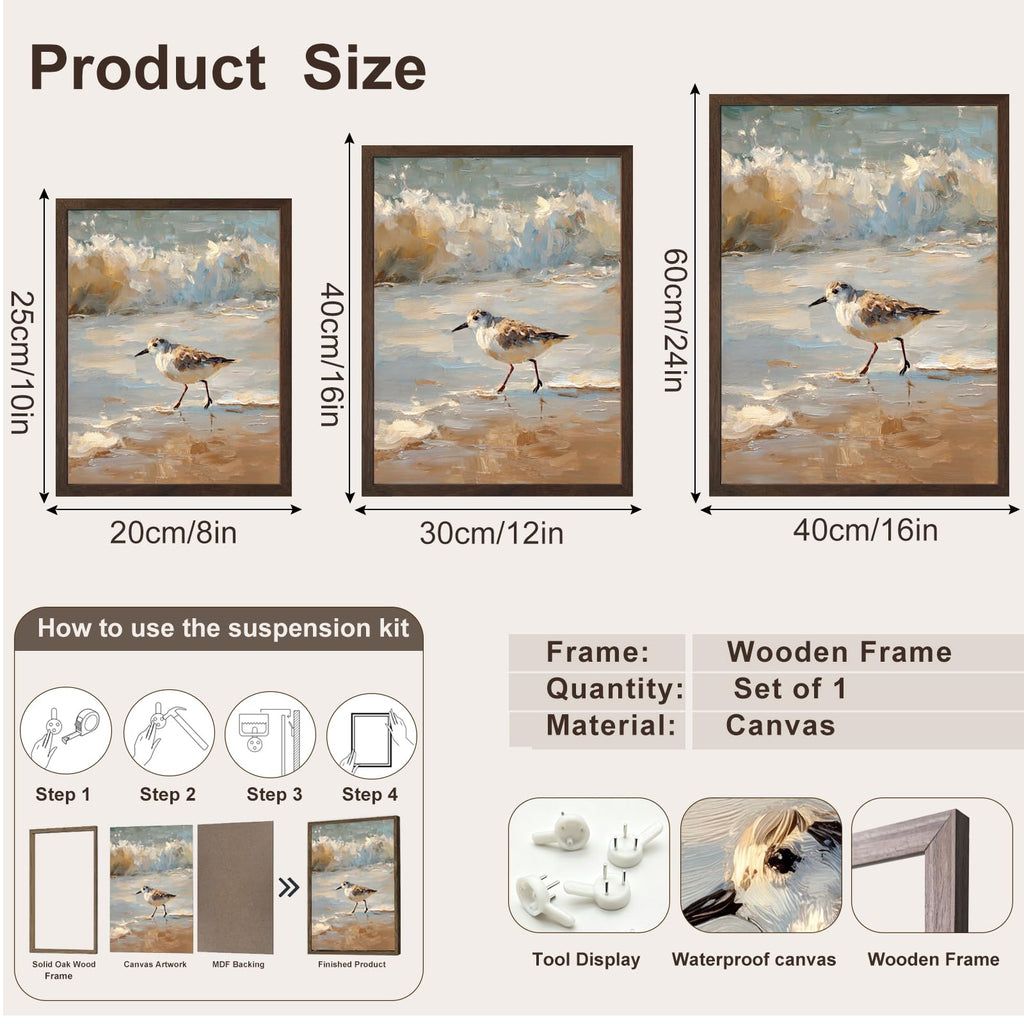 Vintage Framed Coastal Wall Art, Impressionist Sandpiper Bird Canvas Painting, Rustic Beach Ocean Wall Decor Bedroom