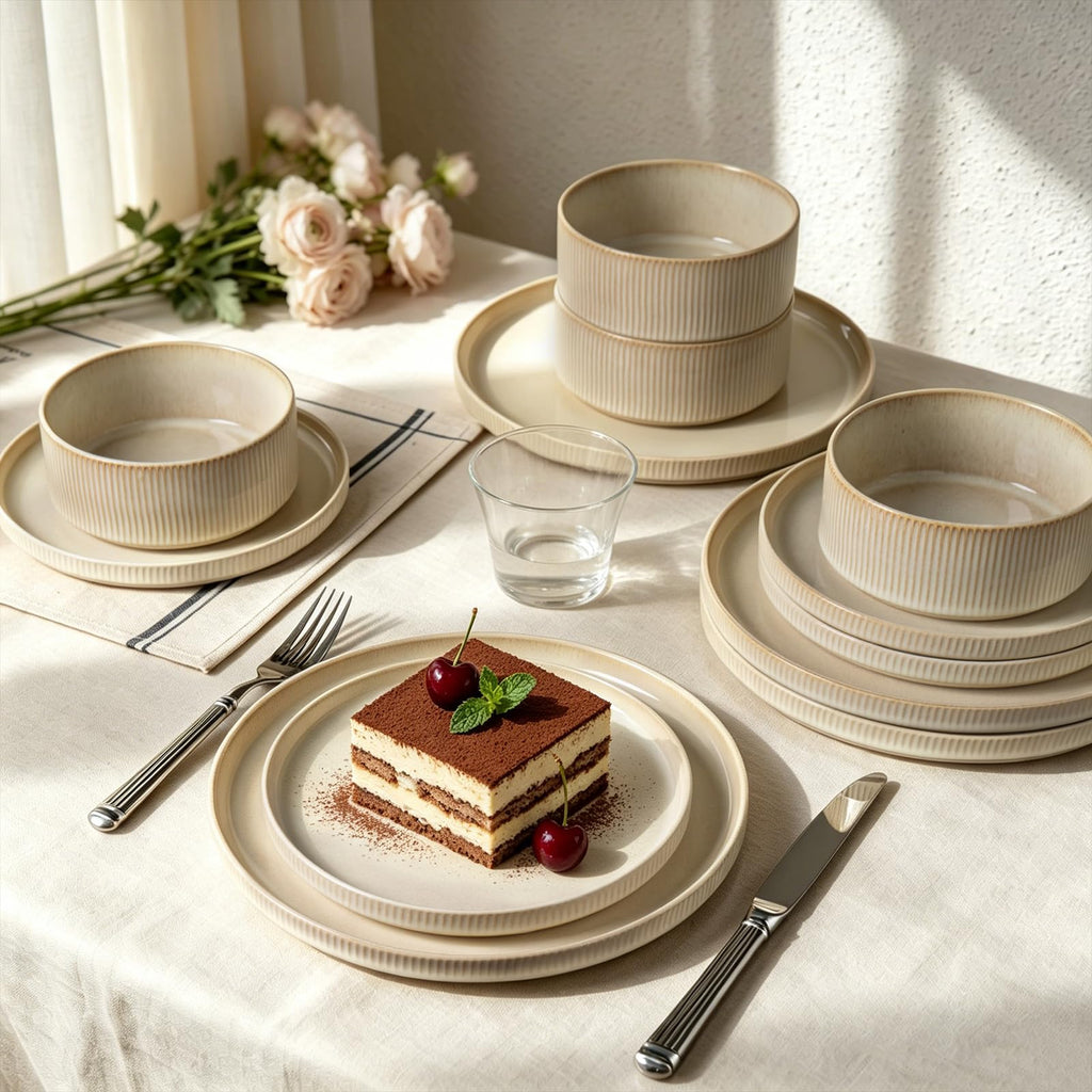 Stoneware Dinnerware Sets for 4, 12Pcs Ribbed Plates and Bowls Set, Beige