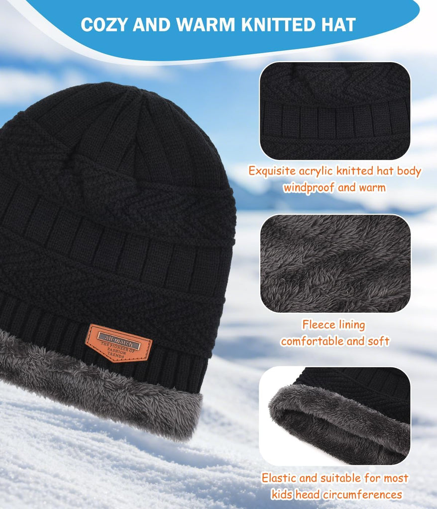 Kids Winter Hat Scarf&Touchscreen Gloves Set,Knitted Beanie with Fleece Lining, Neck Warmer for Boys Girls