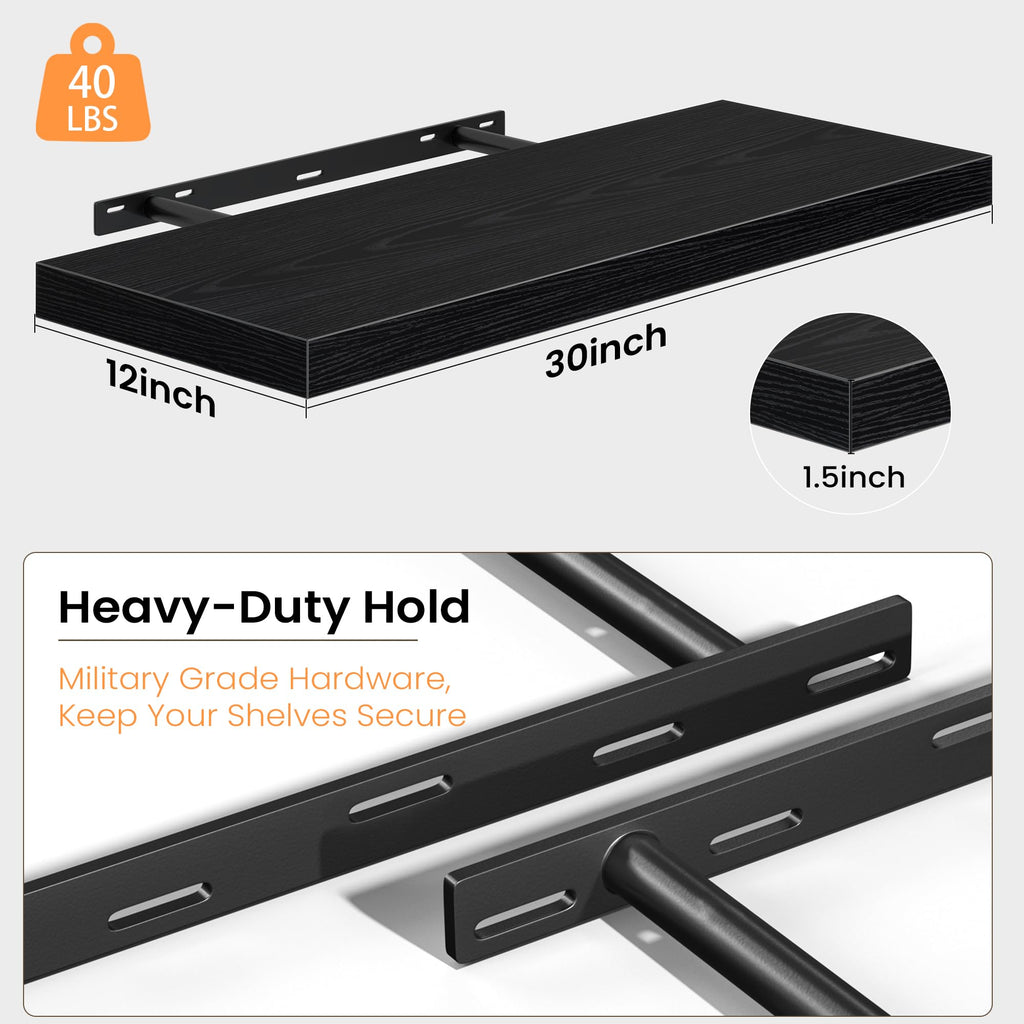 Black Floating Shelves - 2 Pack 30 Inch Long Rustic Wooden Wall Shelves - 12 Inch Deep Wall Mounted Storage Shelf