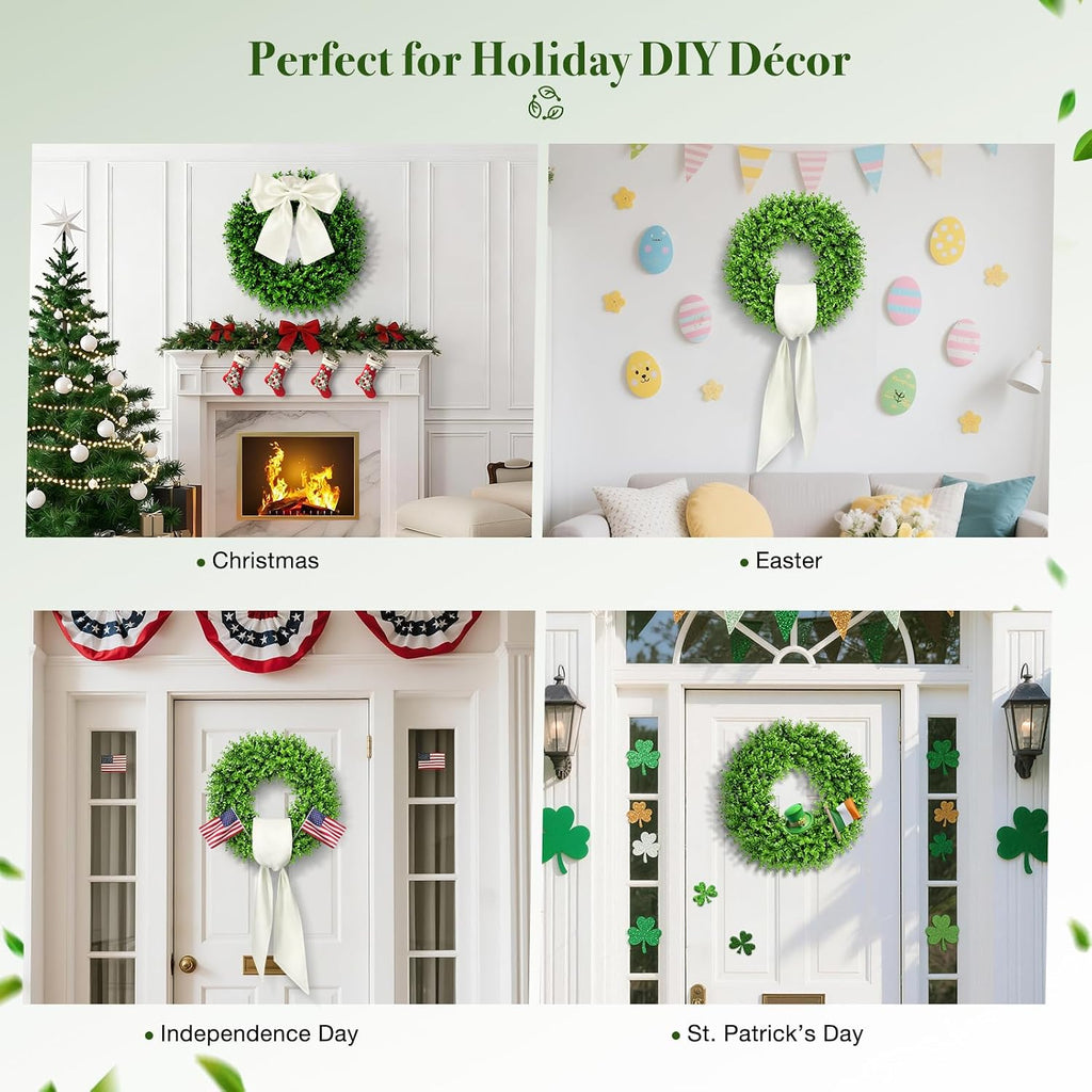 24" Boxwood Wreaths for Front Door - Large Boxwood Wreath with Sash