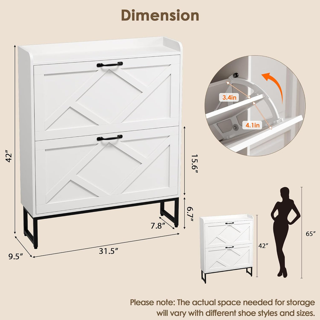Shoe Storage Cabinet with 2 Flip Drawers, Freestanding Shoe Organizer, Shoe Cabinet with Metal Legs, Narrow Shoe Rack