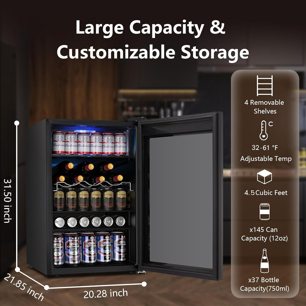 37 Bottle Wine Fridge,Freestanding 145 Can Beverage Refrigerator with Smart Temp