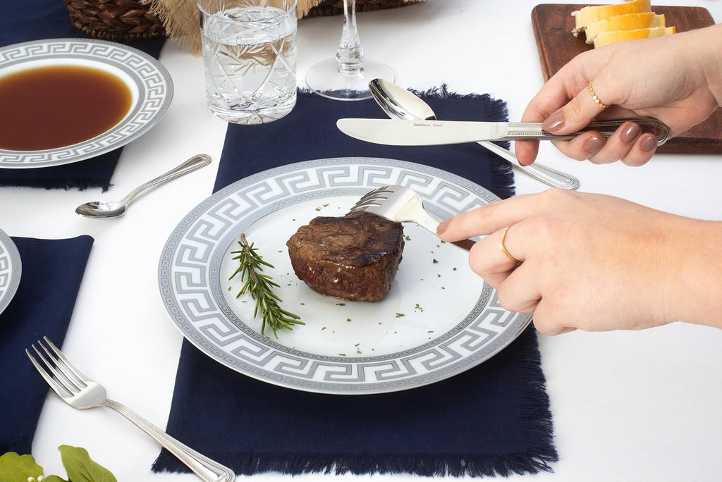 Porcelain Dinnerware Set for 4-12 Piece, Elegant Meander Silver