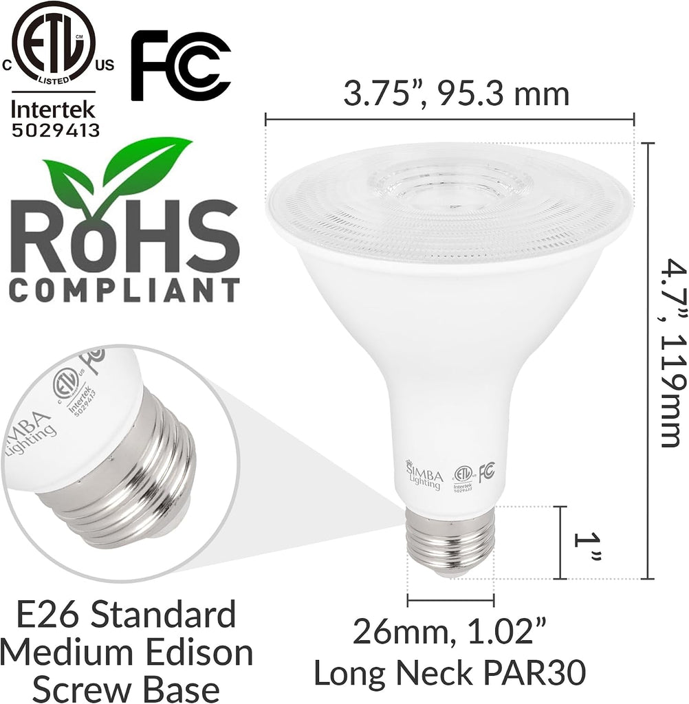 LED PAR30 Long Neck 12W 120V ETL Listed E26, 3000K, 6 Pack