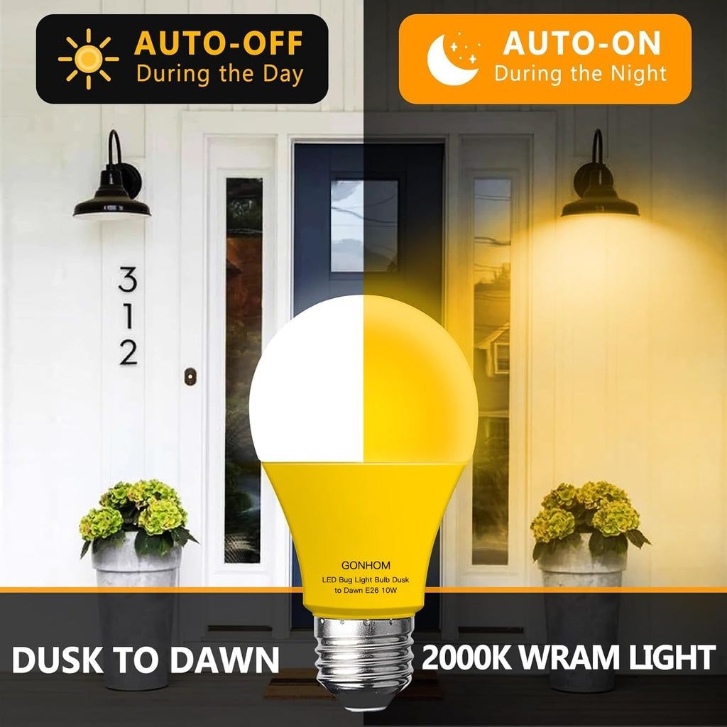 Dusk to Dawn Bug Light Bulb Outdoor,4 Pack Amber Bug Light Bulb,Auto On/Off,10W(100W Equivalent),E26 Base,Bug Lights