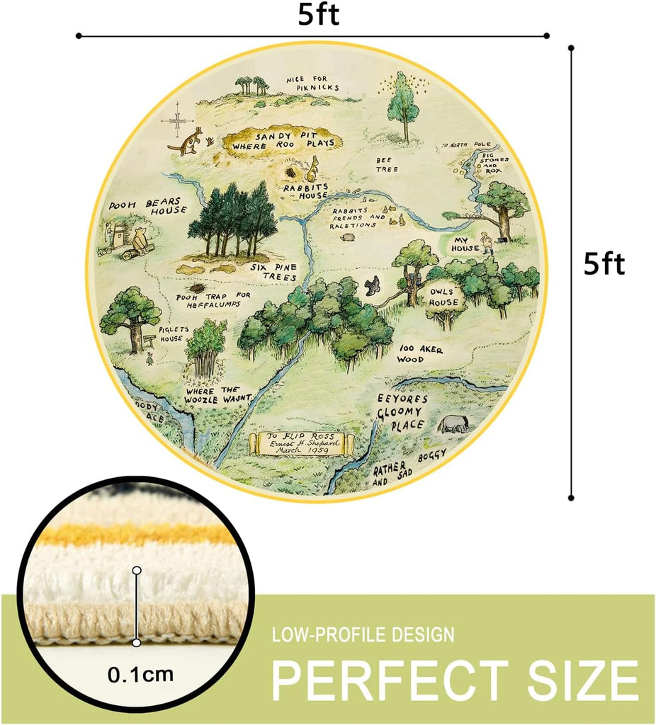 5ft Washable Round Nursery Rug, Cute Woodland Kids Play Rug for Girls Boys Neutral Soft Crawling Play Mat for
