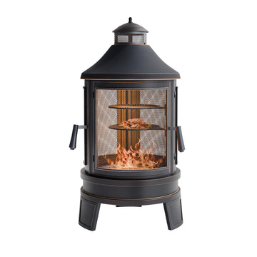 Metal Outdoor Fire Pit for Outside Wood Burning, 24 Inch Chiminea Outdoor Fireplace with Adjustable Grill Tray, Spark