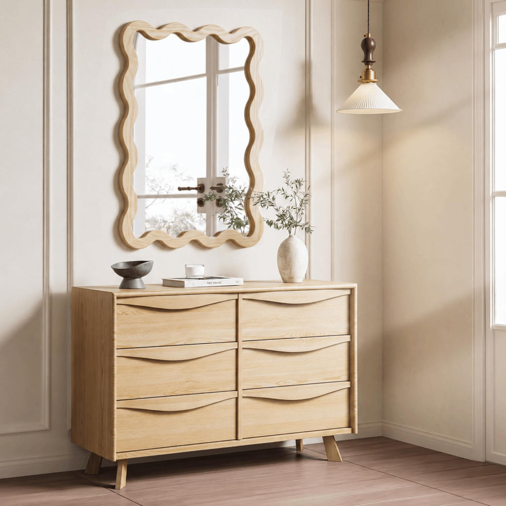 24x36 Natural Wavy Bathroom Wall Mirror, Solid Wood Scalloped Frame