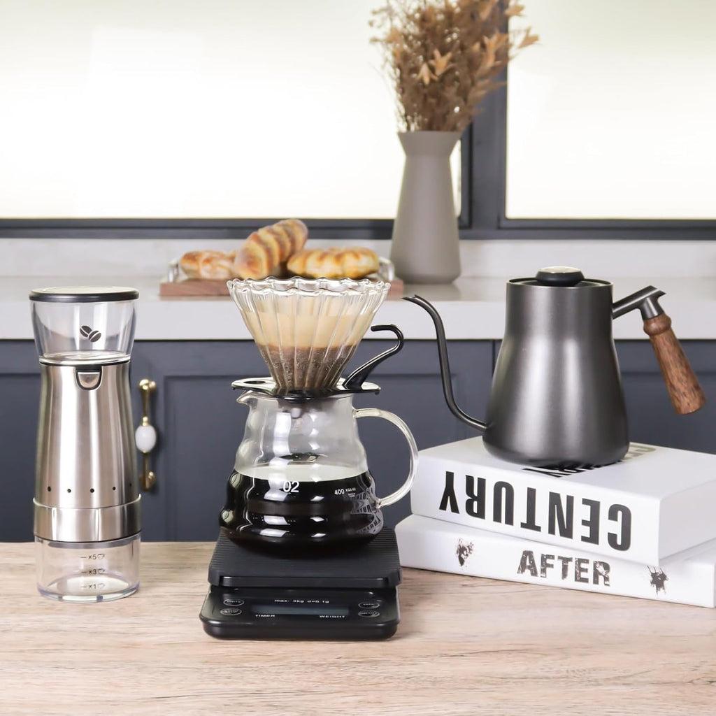 Electric Coffee Maker Set with Electric Grinder Glass Dripper Server Steel Kettle Filter Paper Travel Bag for Outdoor