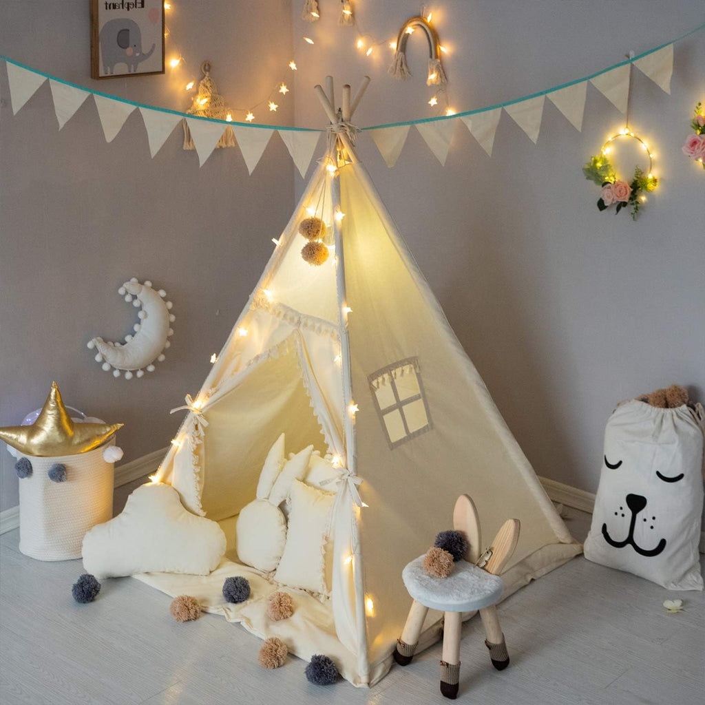 Kids Teepee Tent with Padded Mat, Banner, Fairy Lights, Yarn Ball, Carry Bag, Beige Cotton Canvas Play Tent for Child
