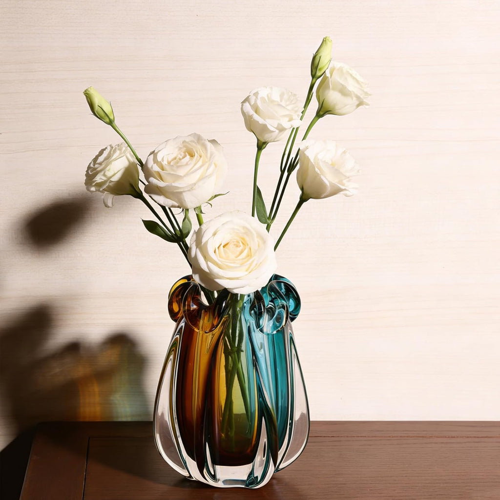 Hand Blown Glass Vase, Murano-Style Colorful Art Glass Centerpiece, Heavy Large Wide Mouth Ruffle Rim, Teal Turquoise