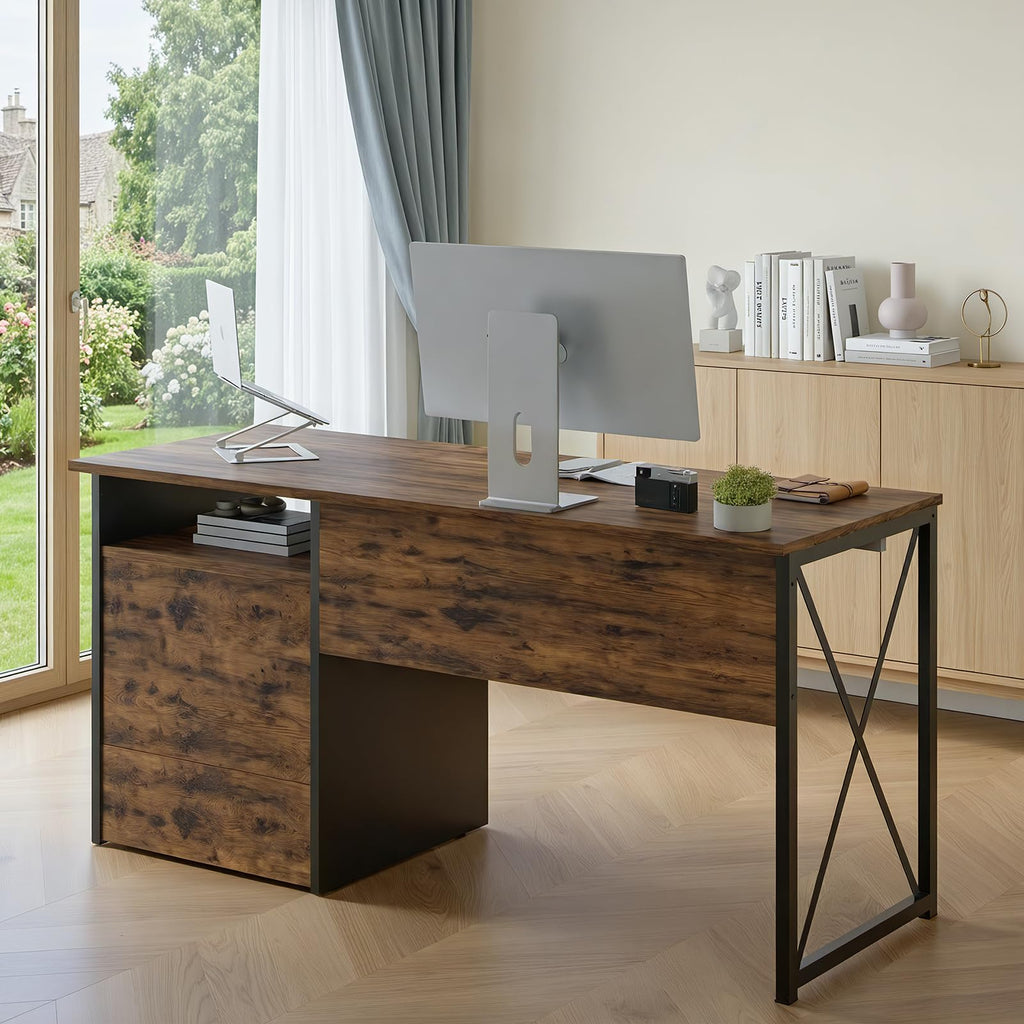 Office Desk with Drawers, 55 inch Industrial Computer Desk with Storage, Wood Teacher Desk with Keyboard Tray & File