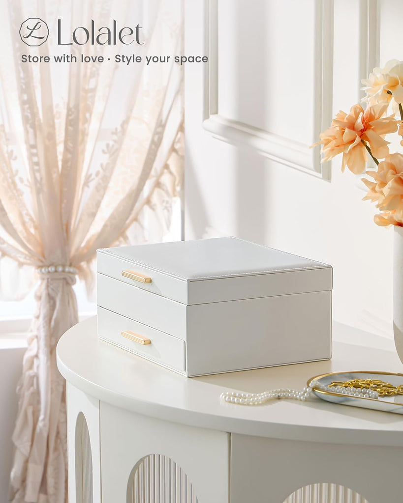 2-Layer Jewelry Box Organizer Holder for Women Girls Mom -Beige