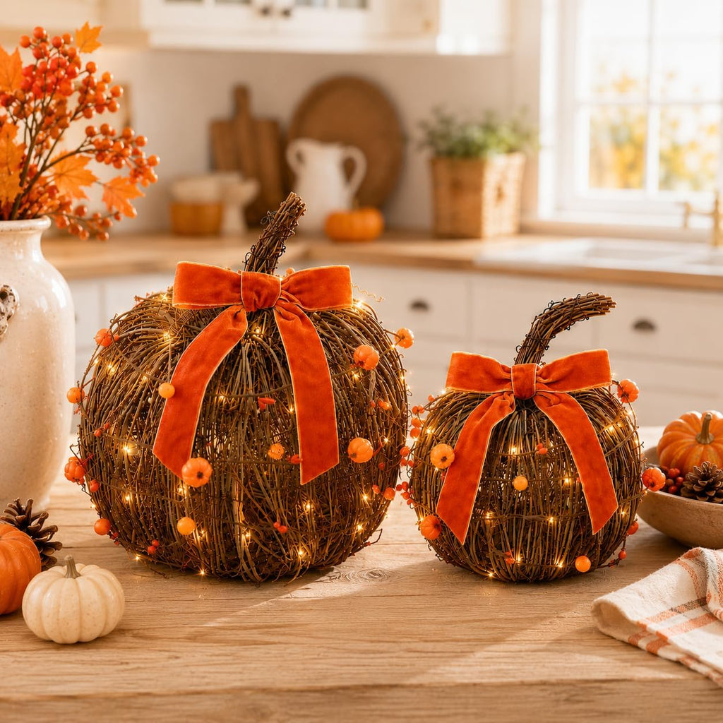 Lighted Fall Pumpkin Decor 2 Pack Rattan Wicker Pumpkins for Table - Set of 2