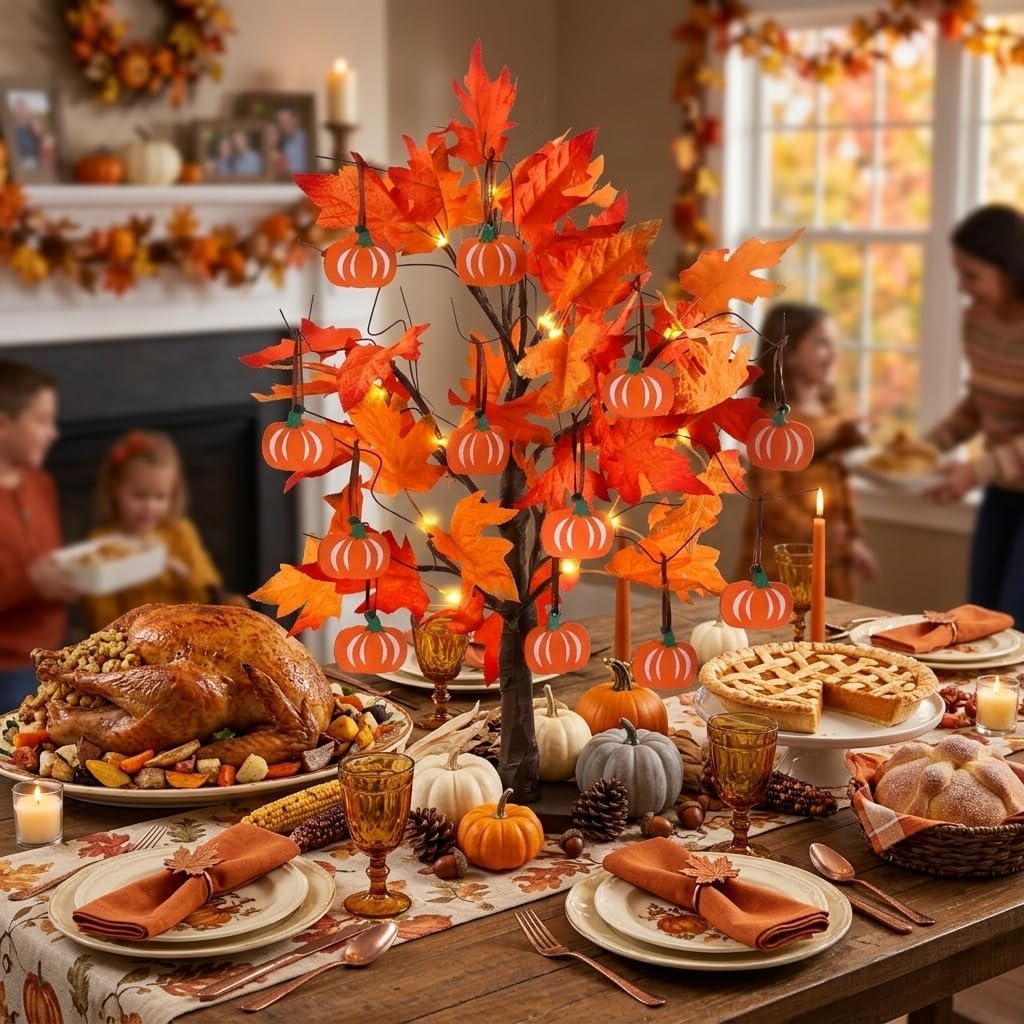 Fall Decorations, Thanksgiving Decorations, 24"2FT Lighted Maple Leaves Tree with 24 LEDs & 12 Wood Pumpkin