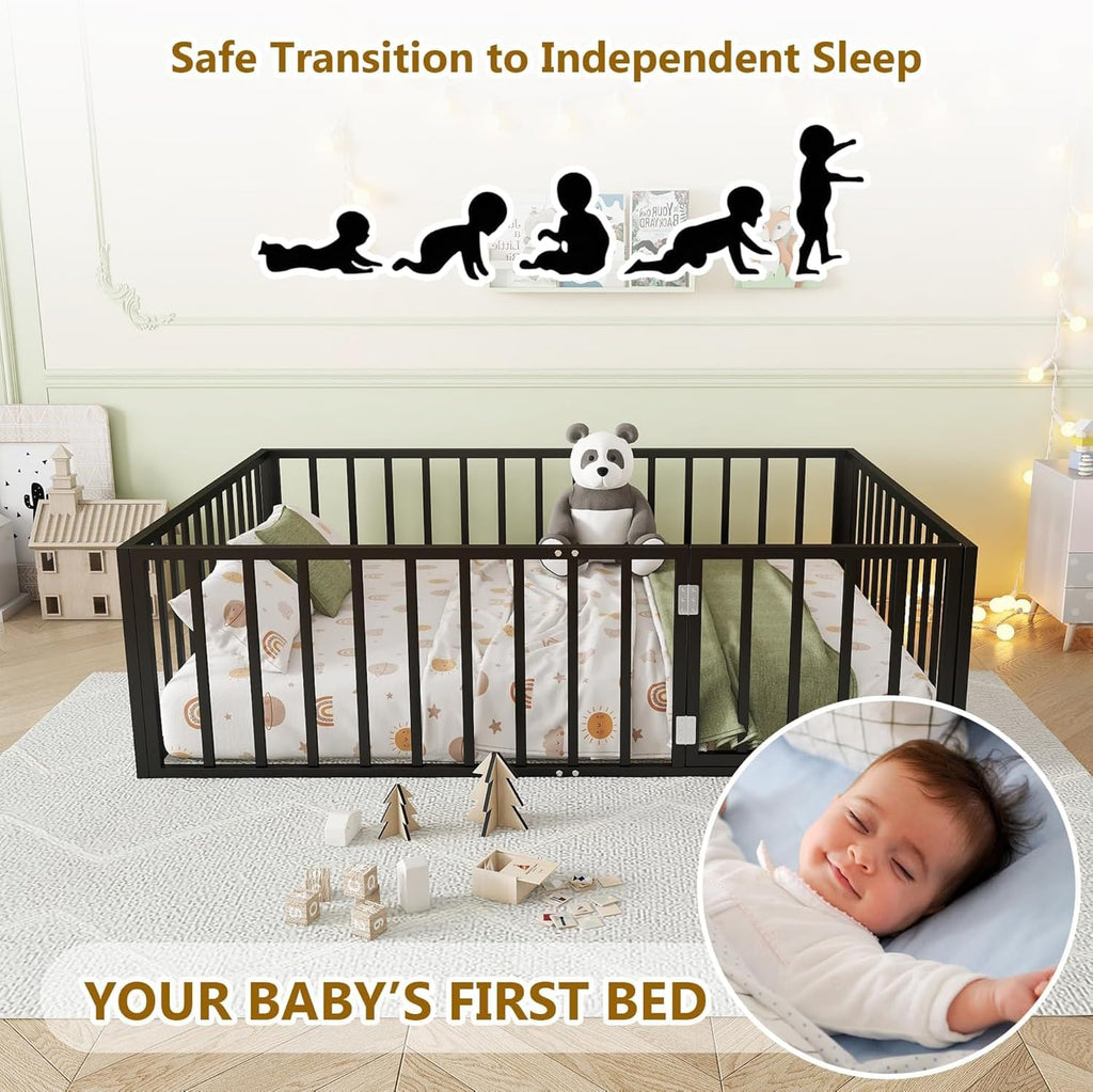 Floor Bed with Fence and Door, Heavy Duty Metal Montessori Floor Bed with Rails, Low-Profile Montessori