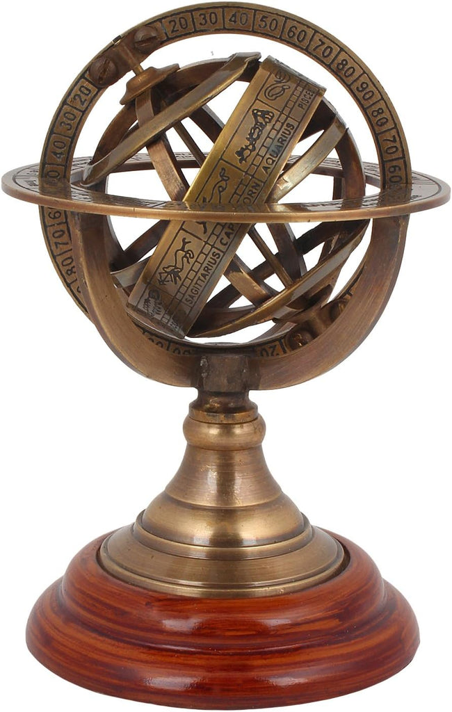 Armillary Astrolabe Sphere Showpiece,Made from Brass and Wooden Base