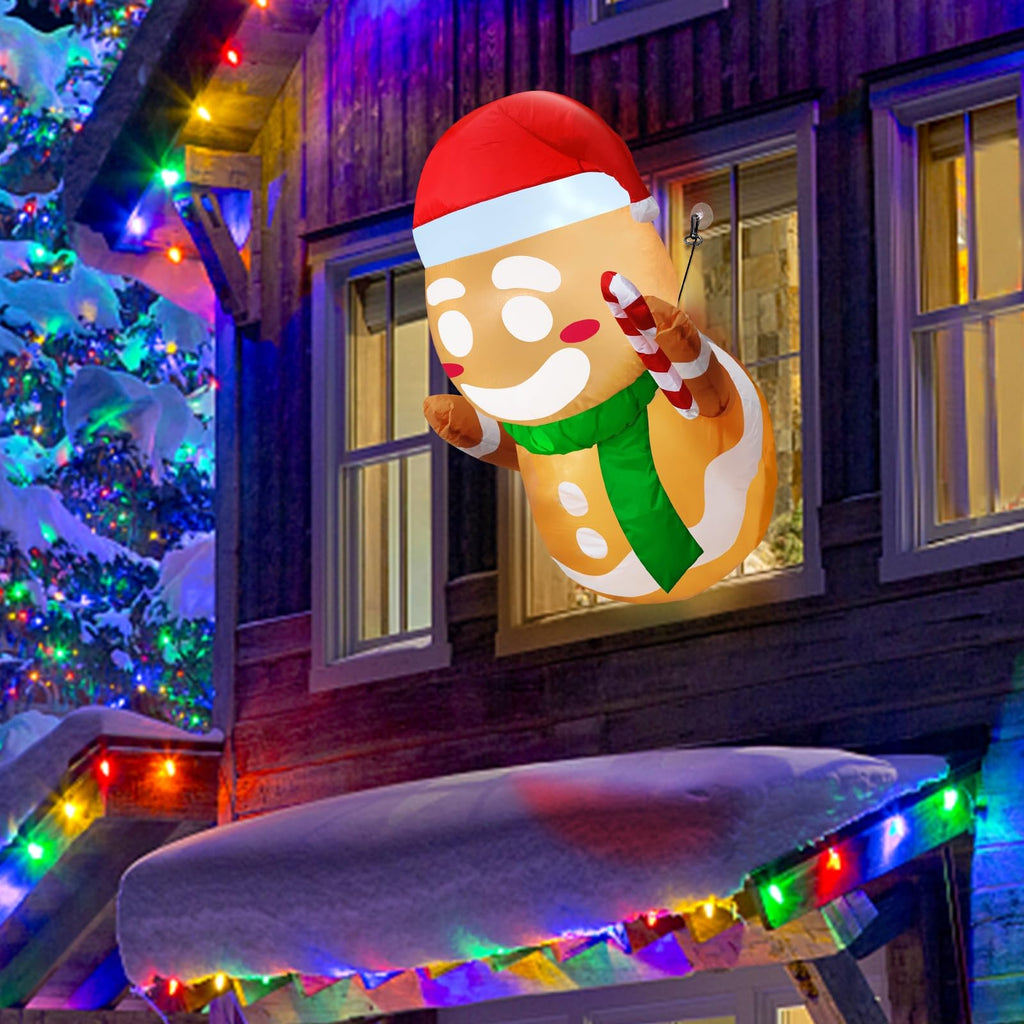 Christmas Inflatable Gingerbread Man Broke Out from Window, Built-in Bright LED Lights 3.5FT Blow Up Xmas Decor