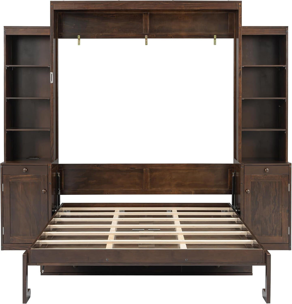 Murphy Bed with Desk, Storage Cabinets and Drawers, Wood Wall Bed with Shelves, Convert to Cabinet, Space-Saving