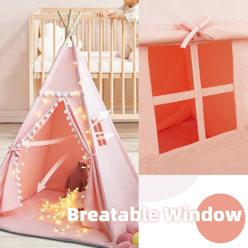 Teepee Tent for Kids with Mat, Star Lights, Carry Case, Cotton Canvas Playhouse, Foldable Tents, Portable Children