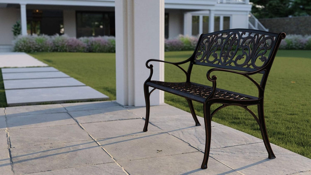 Cast Aluminum Patio Bench | Antique Bronze Finish | Heavy Duty Rust Free Metal Construction | Lightweight |