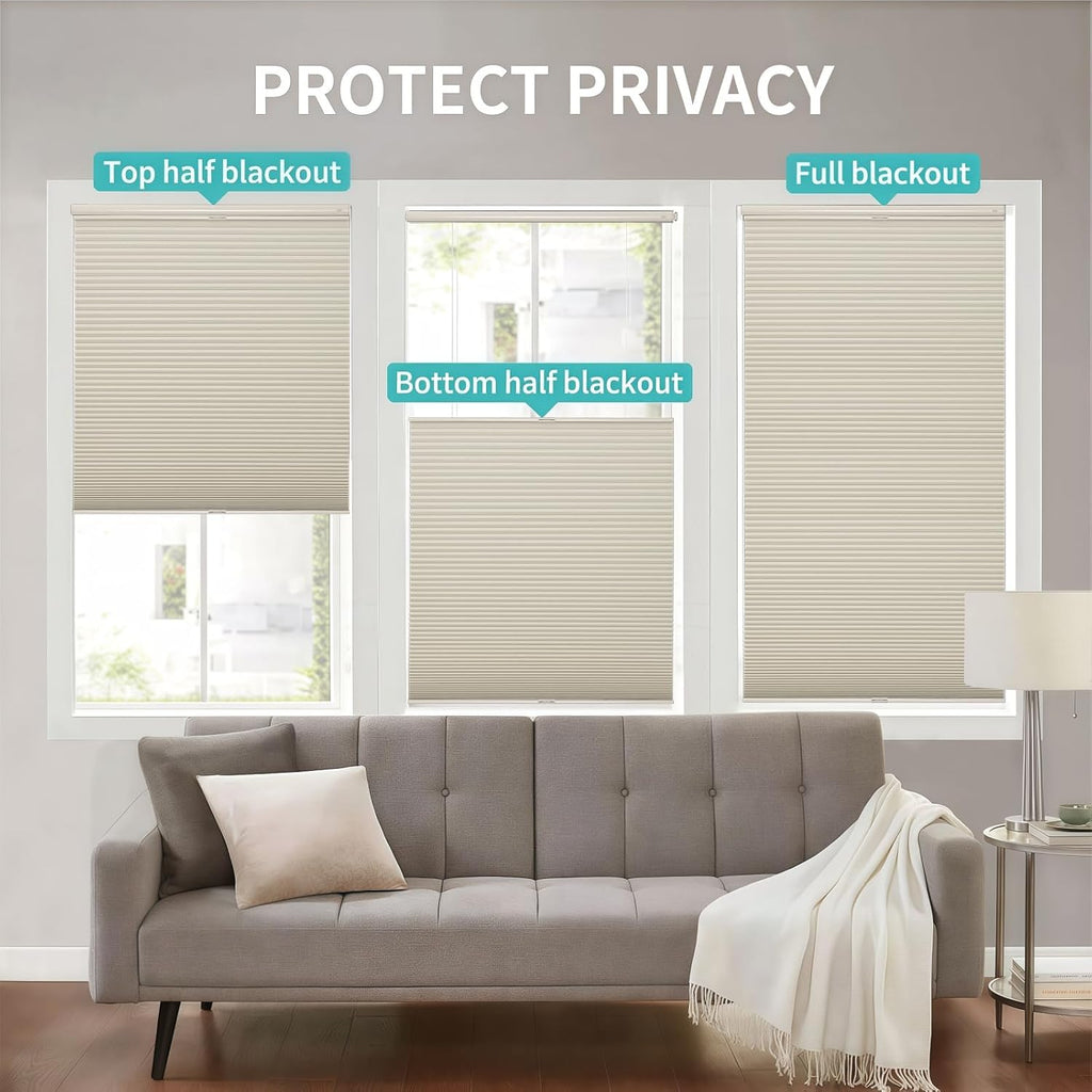 No Tools No Drill Blinds for Indoor Windows, Cordless Window Blinds Cellular Shades Top Down Bottom Up Blackout