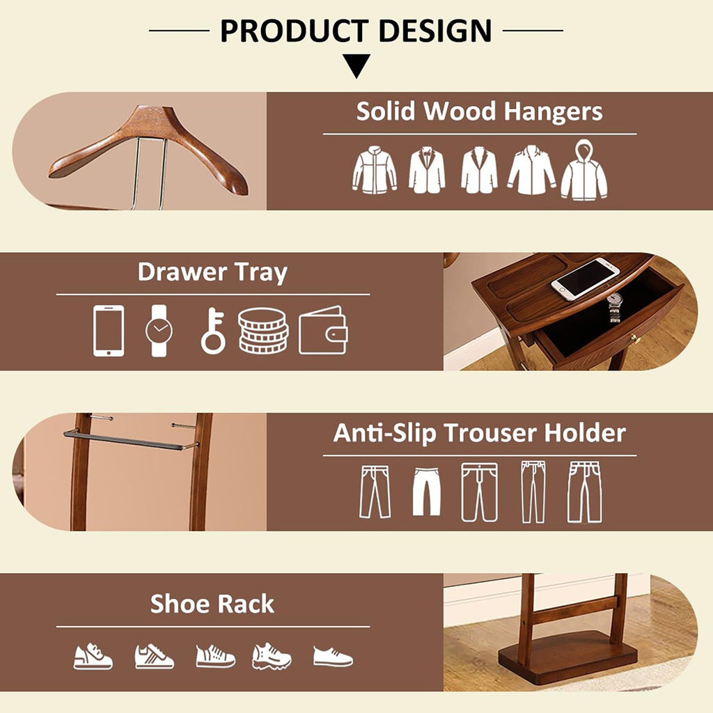 Wood Clothes Valet Stand with Tray, Floor Standing Suit Valet Stand with Drawers and Front Trouser Rack, Men's Valet