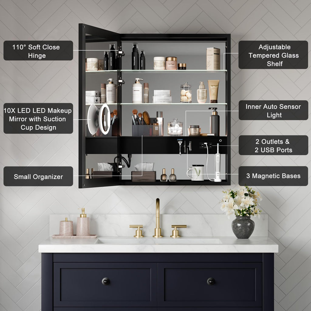 24x32 Medicine Cabinet with Mirror & LED Lights, Black Frame, Anti-Fog, 3-Color Dimmable, Aluminum