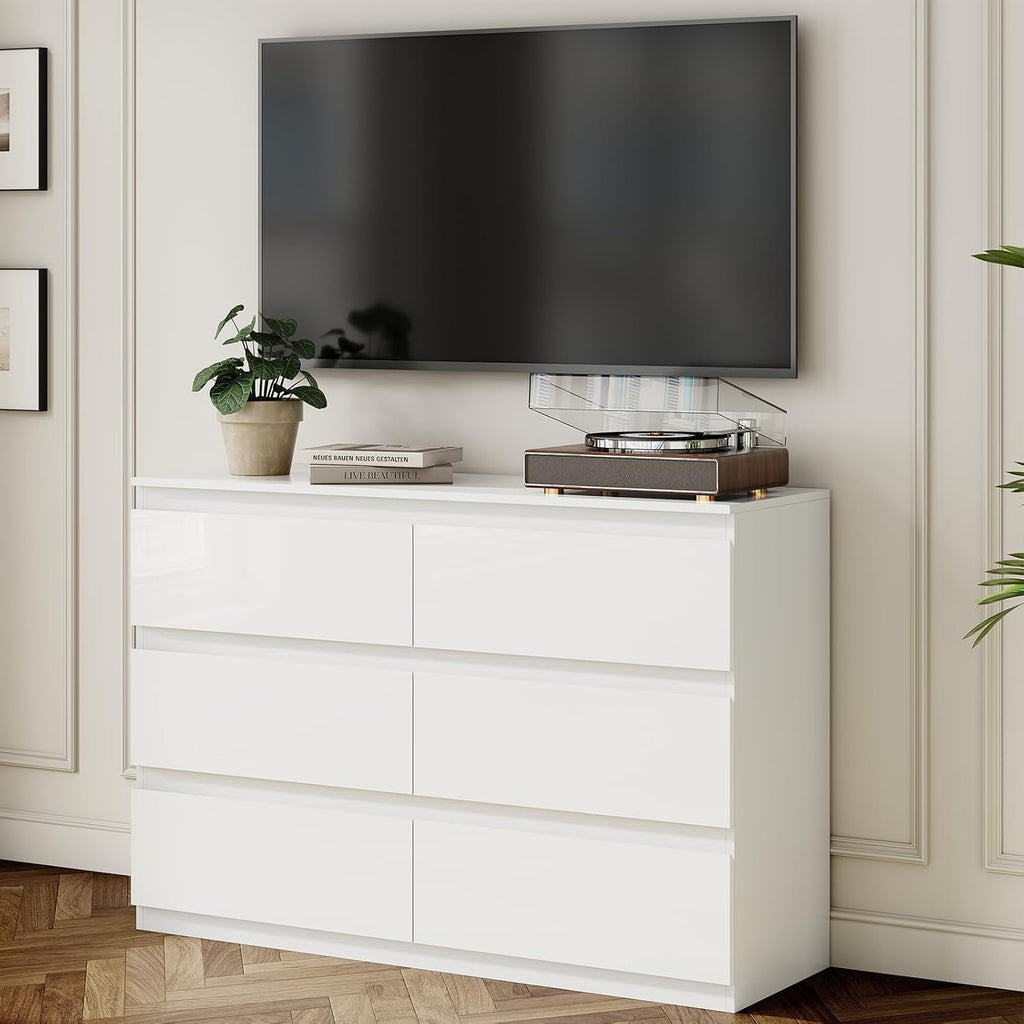 White Dresser Wood 6 Drawer Modern High Gloss | 47" Wide, Handle-Free, long, TV Stand, Storing CLothes, Dressers &