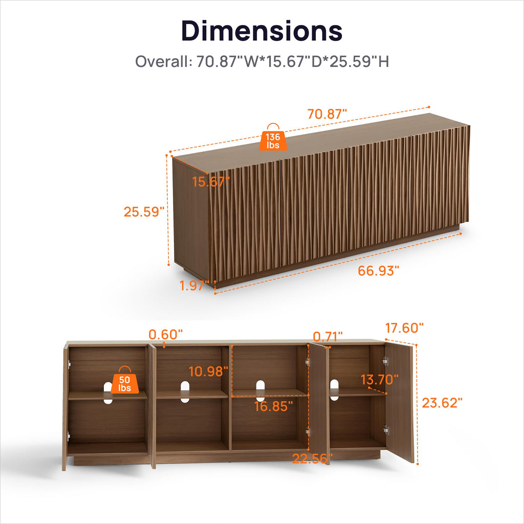 70" Fluted Mid-Century Modern TV Stand for TVs Up to 75", Walnut