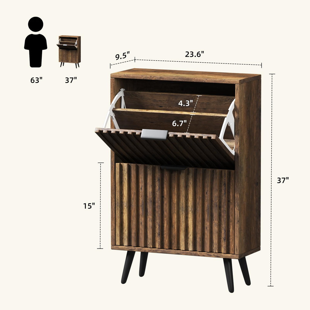 Slim Wood Shoe Cabinet with Flip Drawers, Modern Narrow Entryway Shoe Storage Organizer, Fluted 23.6" Shoe Cabinet