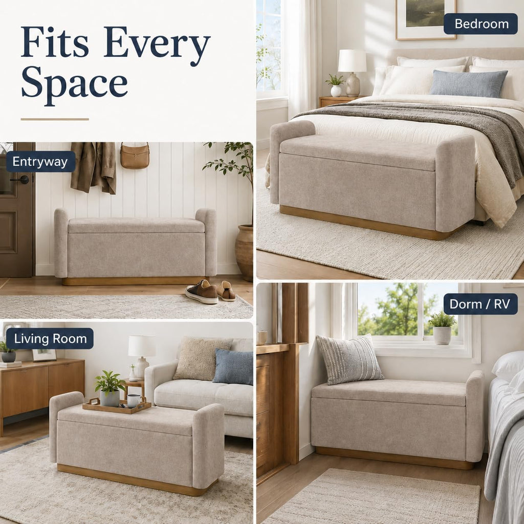49" Storage Ottoman Bench, Upholstered Bench, Chenille, Brown | End of Bed Bench with Hidden Storage, Safety Hinge &
