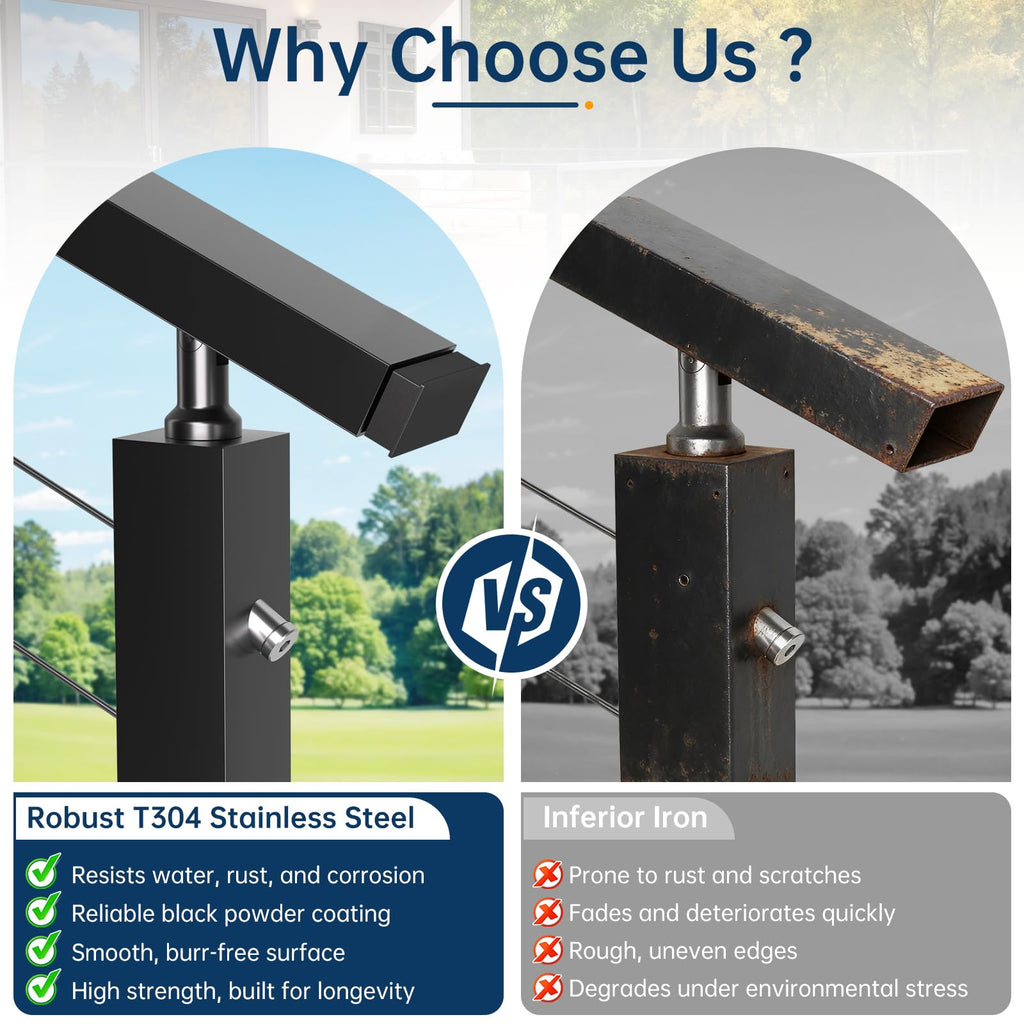 6'6" Stainless Steel T304 Handrail Black with Metal End Caps, 3 Pack Rectangular Cable Railing Handrail Flat Deck Top