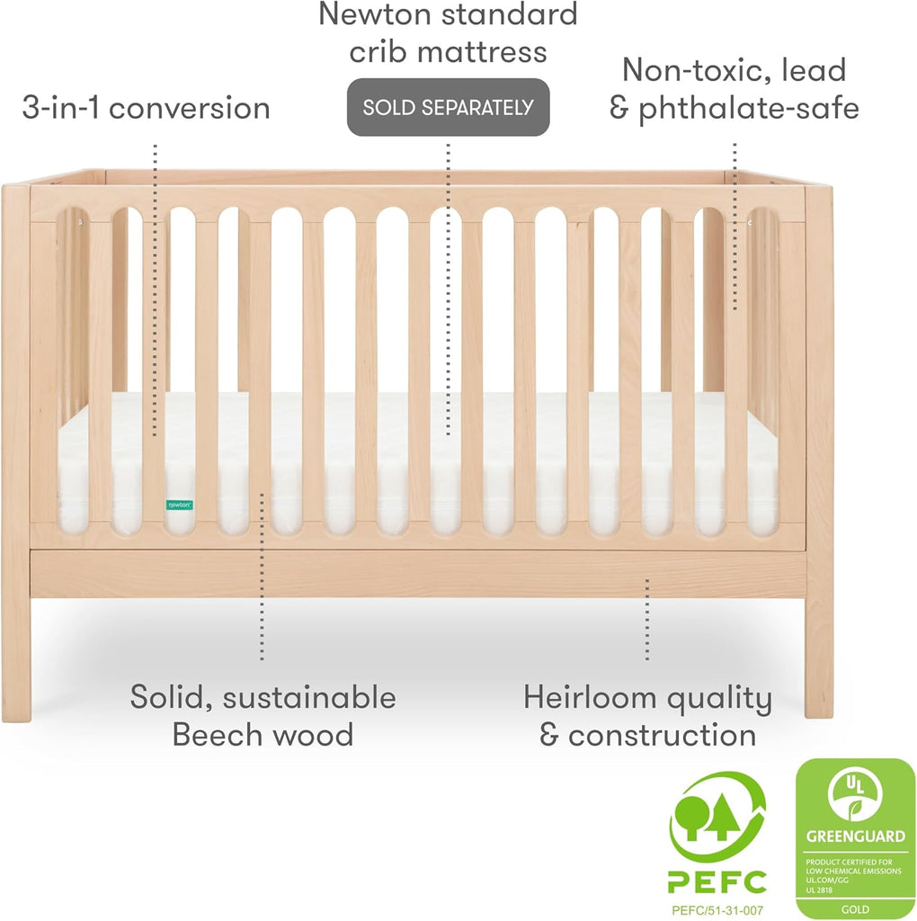 Galileo Standard Crib, Solid Beech Wood in Natural Color, 3-in-1 Convertible Crib with Toddler Bed Conversion Kit