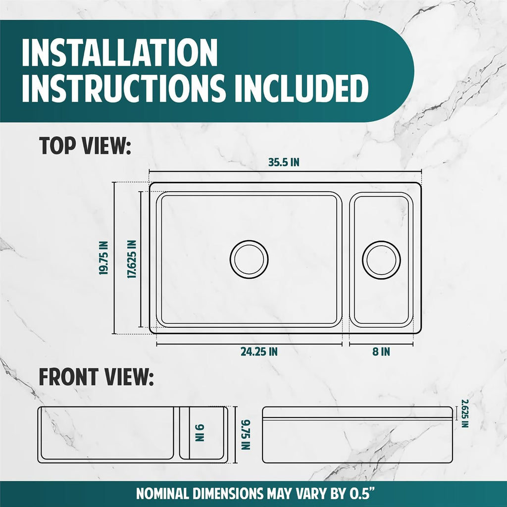 White Farmhouse Sink, 36" Farm Kitchen Sink, Fireclay | Apron Front, 90/10 Double Bowl, Reversible, Undermount, Made