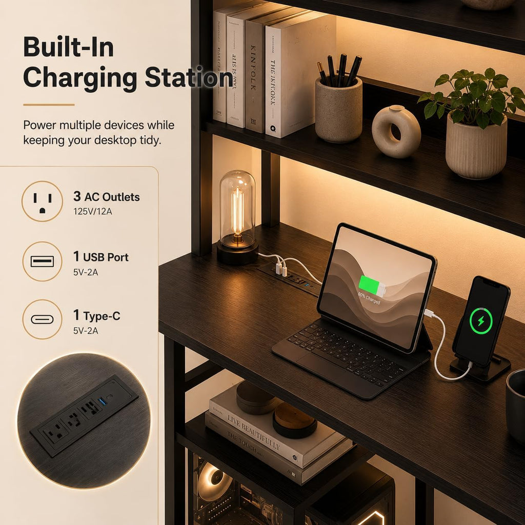L Shaped Desk Gaming Desk with LED Light & Power Outlet, 43 Inch Reversible Computer Table with Shelf & Storage