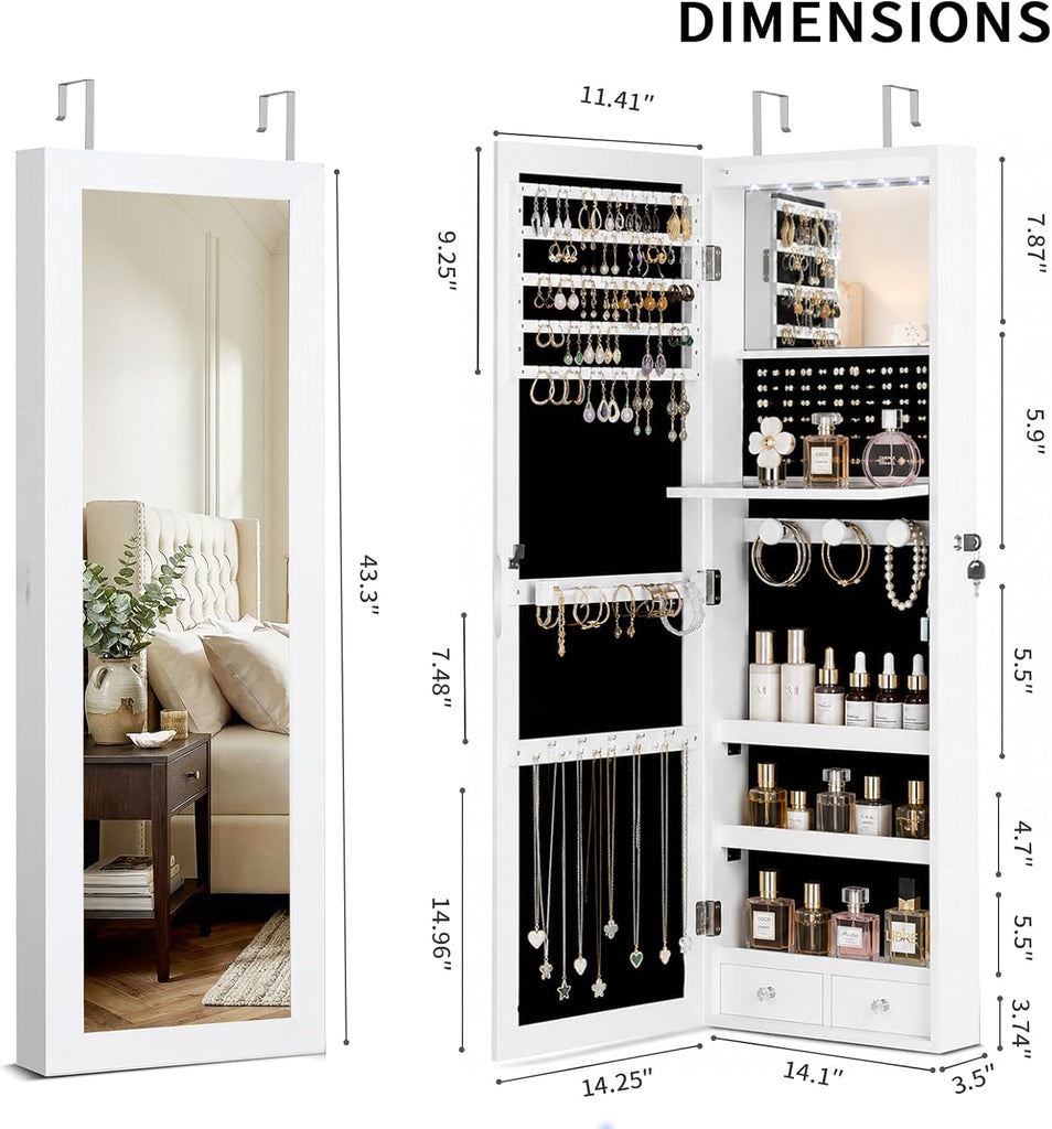 Over the Door Jewelry Organizer, Wall Mounted Jewelry Cabinet, Hanging Mirror with Storage Box, Wall/Door Mounted