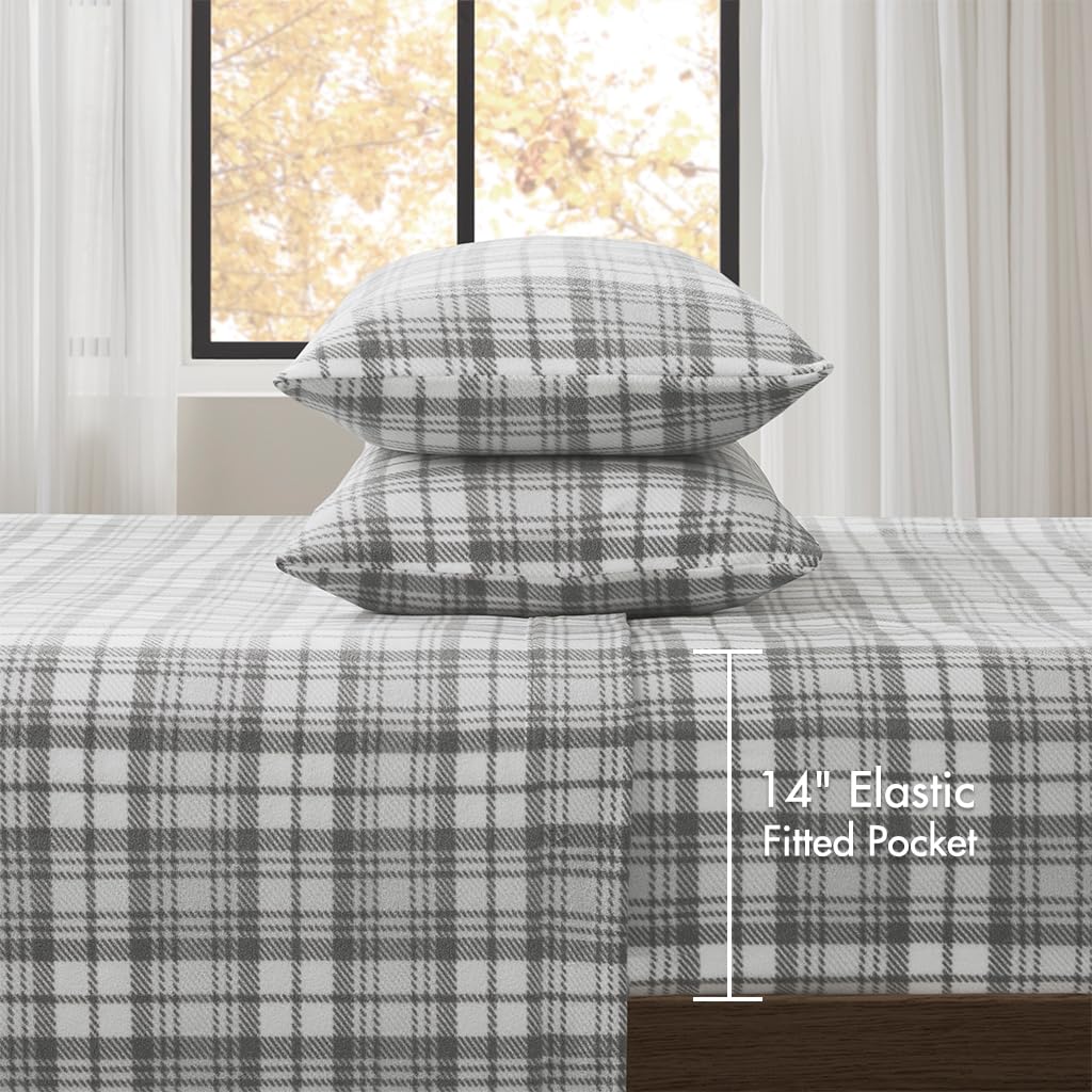 Sleep Philosophy Micro Fleece Sheets Bed Set 3 Piece, Grey Plaid