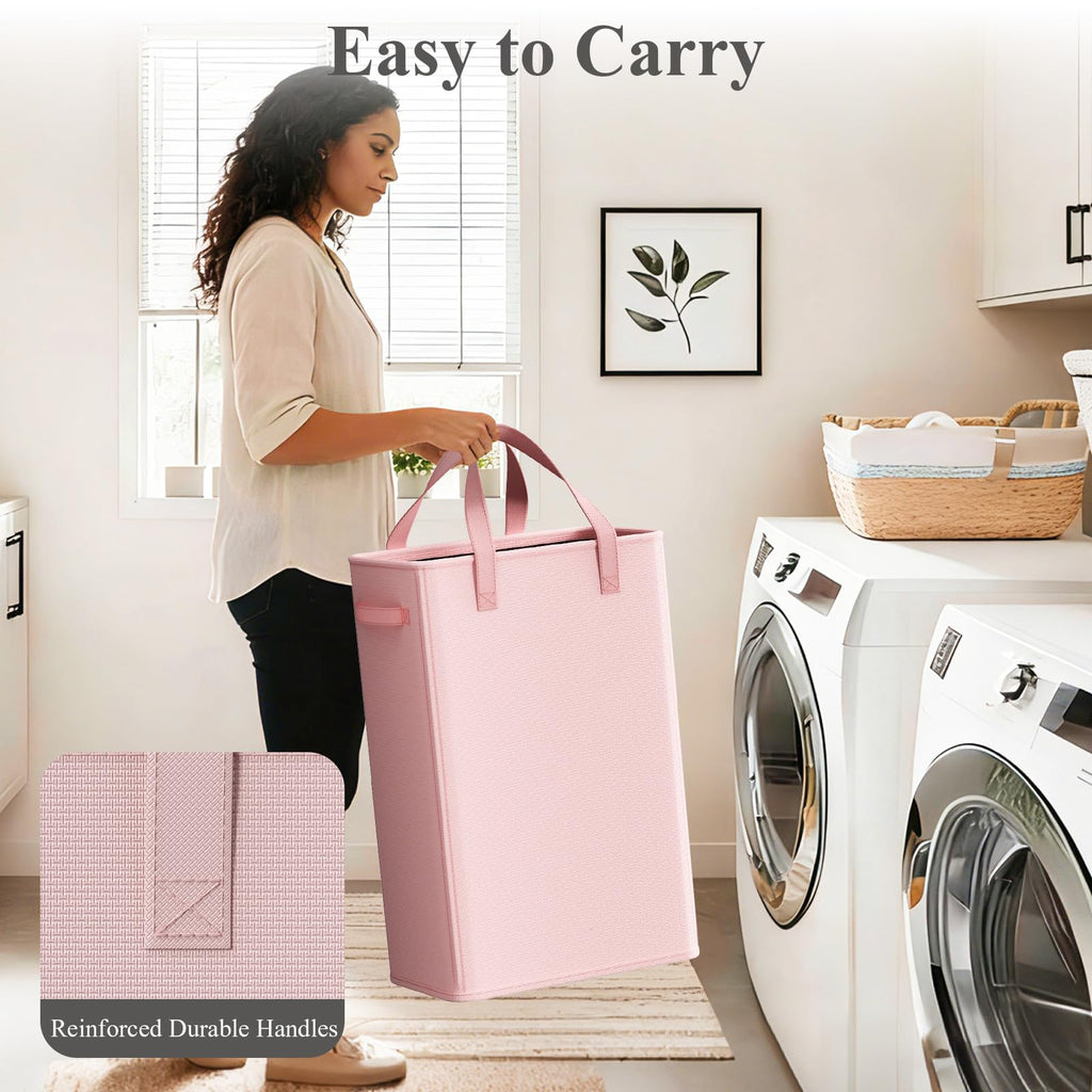 50L Pink Slim Laundry Hamper, Narrow Laundry Basket with Handles, Baby Girl Hamper, Collapsible Laundry Basket